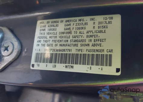 2009 Honda Accord 2.4 Lx z USA, uszkodzony, nr VIN 1HGCP26389A087791